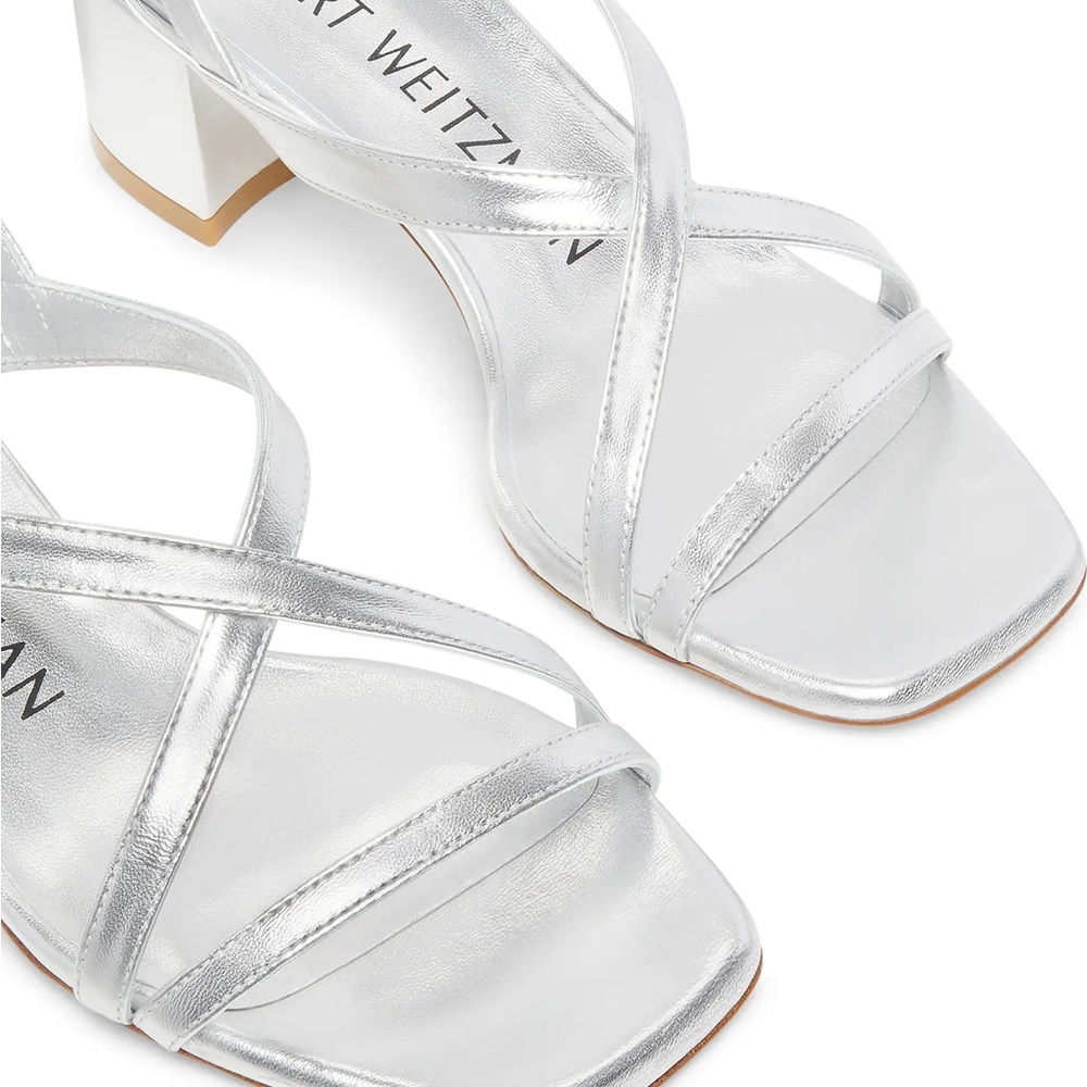 Stuart Weitzman Metallic Silver Strappy Block Heel Sandals